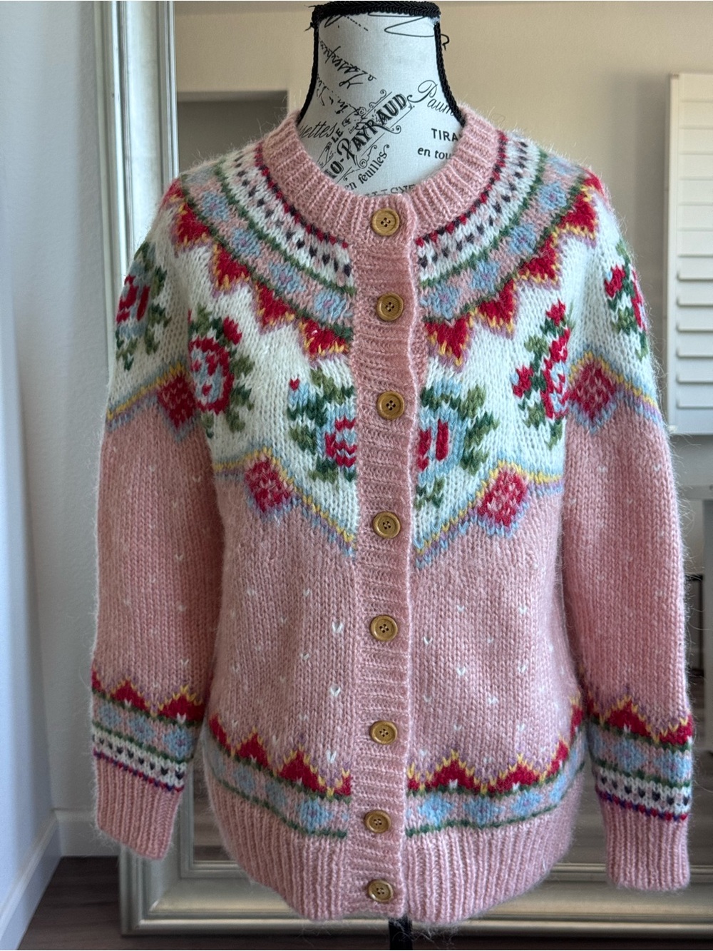 Sundance Irish Rose Fair Isle Wool Pink Button Down Cardigan Sweater Boho Size S - Picture 2 of 9